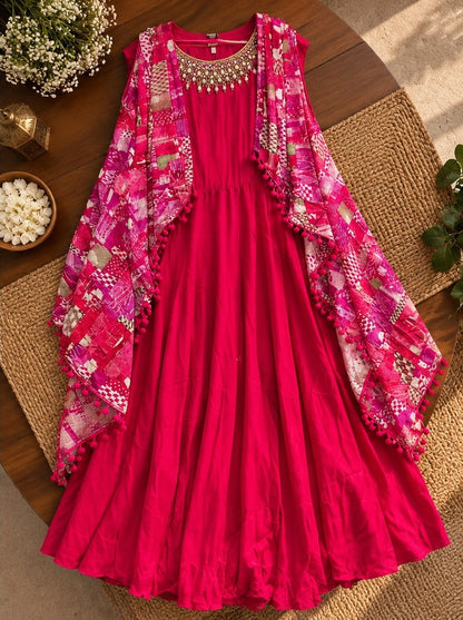 Women's Hot Pink Flared Anarkali Gown with Floral Printed Longline Shrug