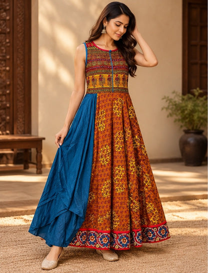 Women's Rust Brown & Blue Traditional Multi-Print Flared Anarkali Dress