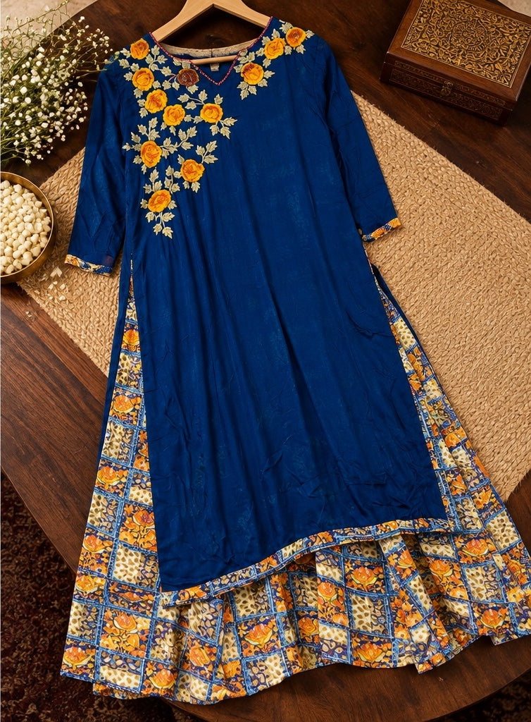 Women's Royal Blue Embroidered Shoulder Anarkali Dress with Contrast Hem