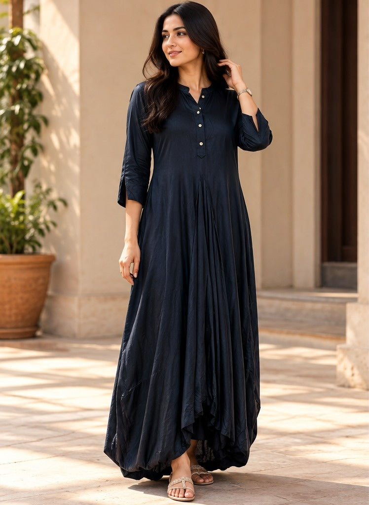 Women's Midnight Black Cowl-Draped Button-Down Maxi Gown