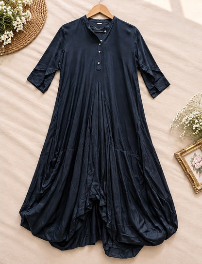 Women's Midnight Black Cowl-Draped Button-Down Maxi Gown