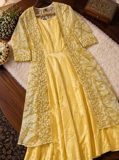 Women's Lemon Yellow Flared Anarkali Gown with Sheer Floral Shrug