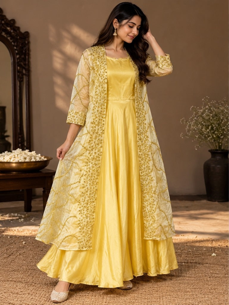 Women's Lemon Yellow Flared Anarkali Gown with Sheer Floral Shrug