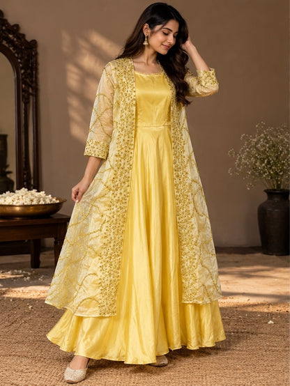 Women's Lemon Yellow Flared Anarkali Gown with Sheer Floral Shrug