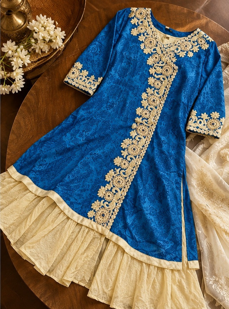 Women's Peacock Blue Embroidered Angrakha Jacket Style Anarkali Gown