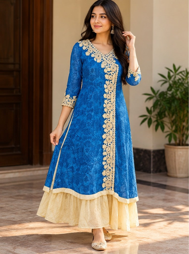 Women's Peacock Blue Embroidered Angrakha Jacket Style Anarkali Gown