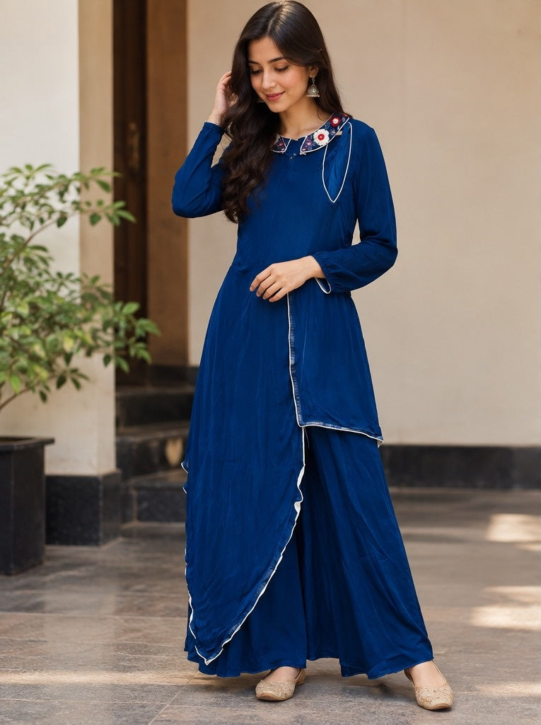 Women's Royal Blue Embroidered Asymmetric Layered Anarkali Suit Set