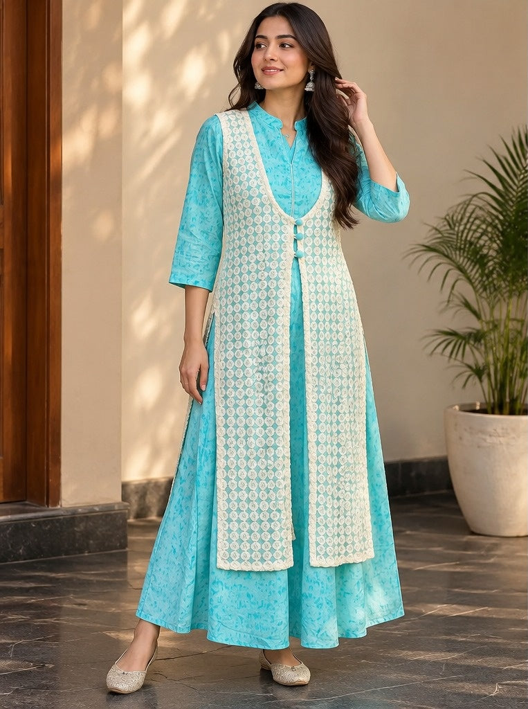 Women's Aqua Blue & Ivory Front-Slit Layered Kurti Dress