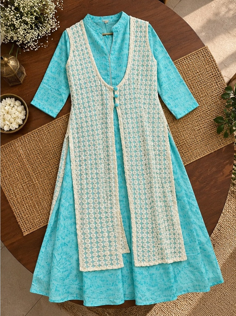 Women's Aqua Blue & Ivory Front-Slit Layered Kurti Dress
