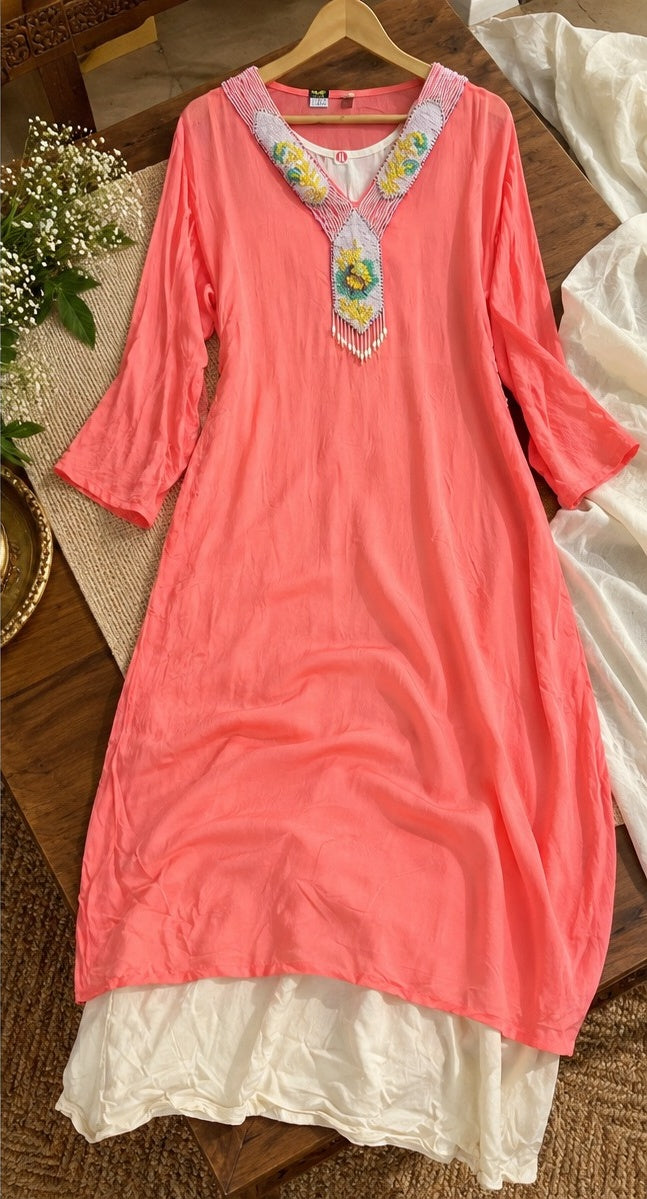 Women's Coral Peach Embroidered Kurta with Layered Tiered Skirt