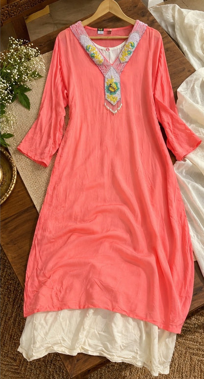 Women's Coral Peach Embroidered Kurta with Layered Tiered Skirt