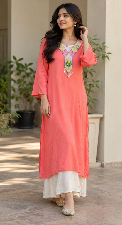Women's Coral Peach Embroidered Kurta with Layered Tiered Skirt
