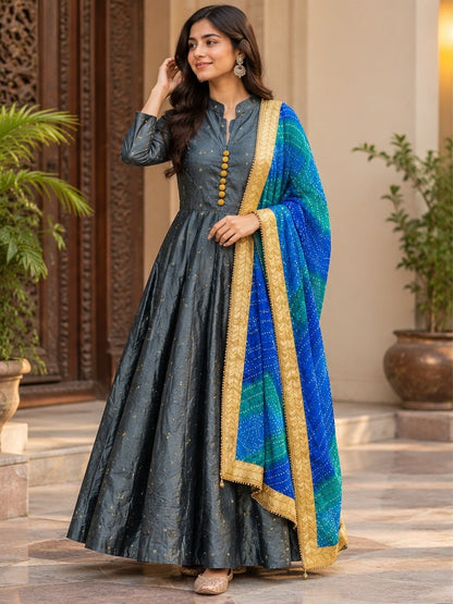 Women's Charcoal Grey Festive Anarkali Gown with Bandhani Dupatta