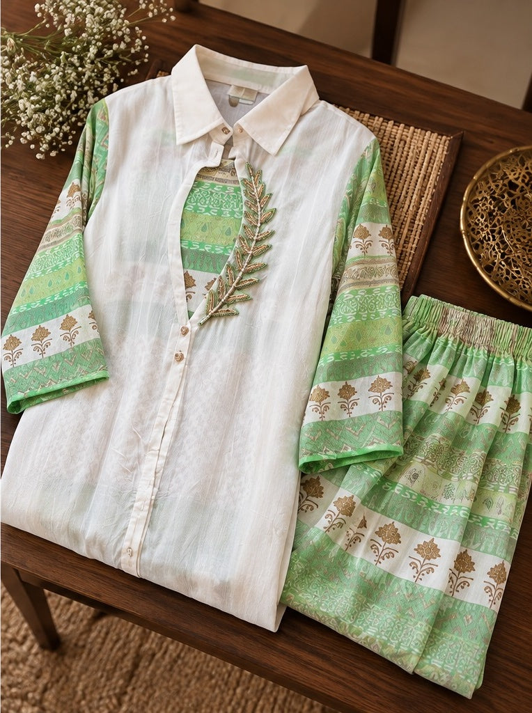 Women's White Button-Down Embroidered Tunic with Botanical Print Palazzo