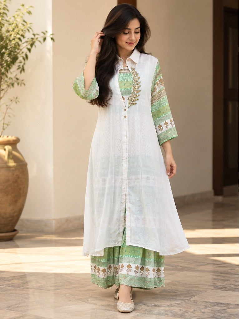 Women's White Button-Down Embroidered Tunic with Botanical Print Palazzo