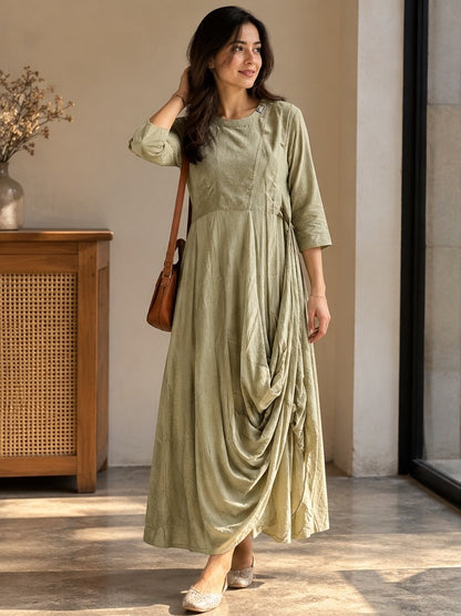 Women's Sage Green Draped Cowl Anarkali Maxi Dress with Side Buttons