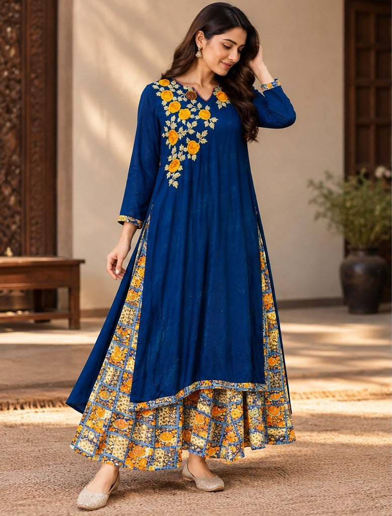Women's Royal Blue Embroidered Shoulder Anarkali Dress with Contrast Hem