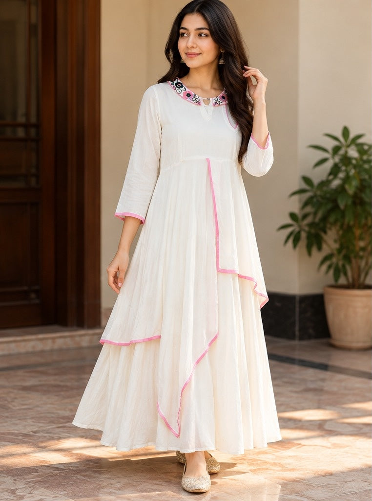 Women's Pristine White Layered Anarkali Gown with Floral Neckline