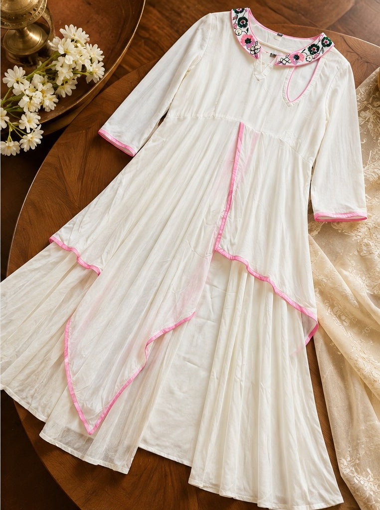 Women's Pristine White Layered Anarkali Gown with Floral Neckline
