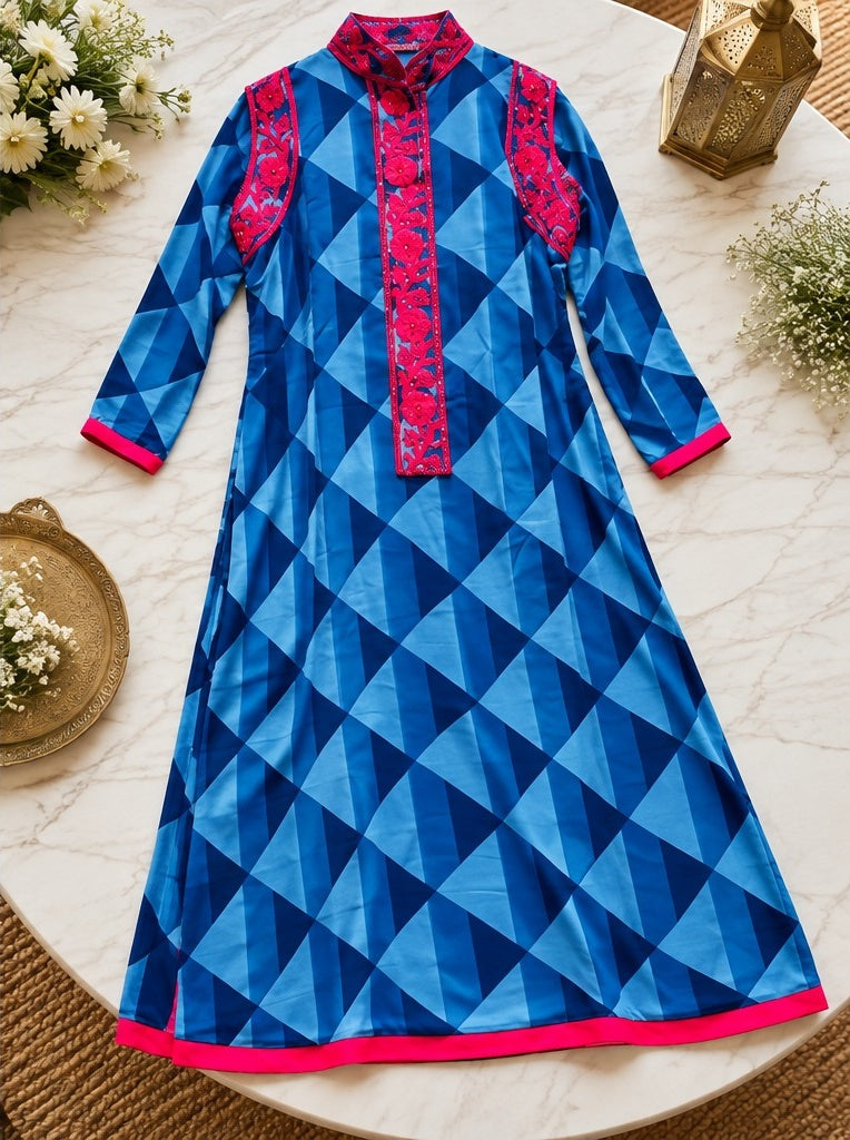 Women's Cobalt Blue Geometric Diamond Printed Anarkali Dress