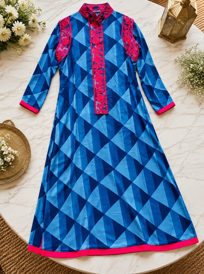 Women's Cobalt Blue Geometric Diamond Printed Anarkali Dress