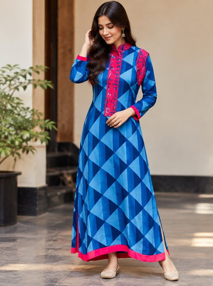 Women's Cobalt Blue Geometric Diamond Printed Anarkali Dress