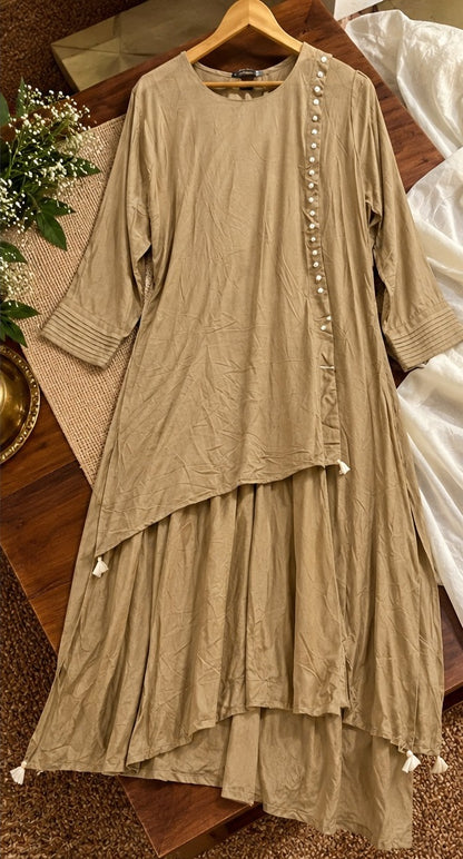 Women's Taupe Beige Asymmetric Draped Cowl Anarkali Dress