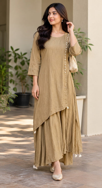 Women's Taupe Beige Asymmetric Draped Cowl Anarkali Dress