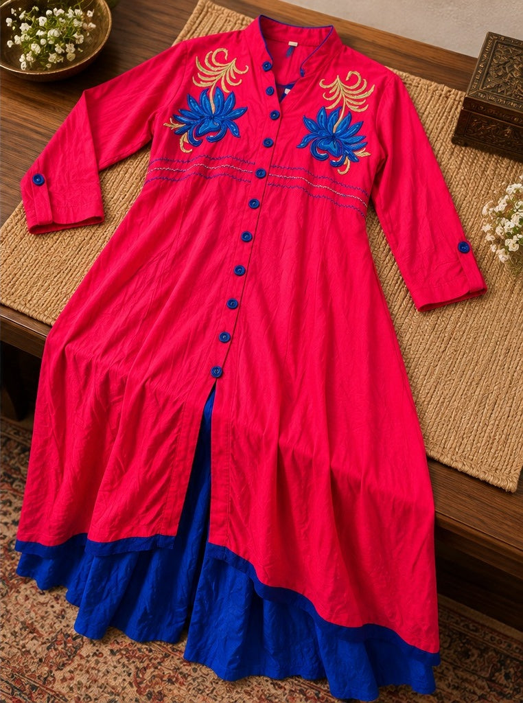 Women's Hot Pink Embroidered Front-Slit Jacket Dress with Royal Blue Skirt