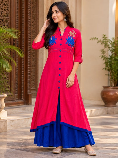 Women's Hot Pink Embroidered Front-Slit Jacket Dress with Royal Blue Skirt