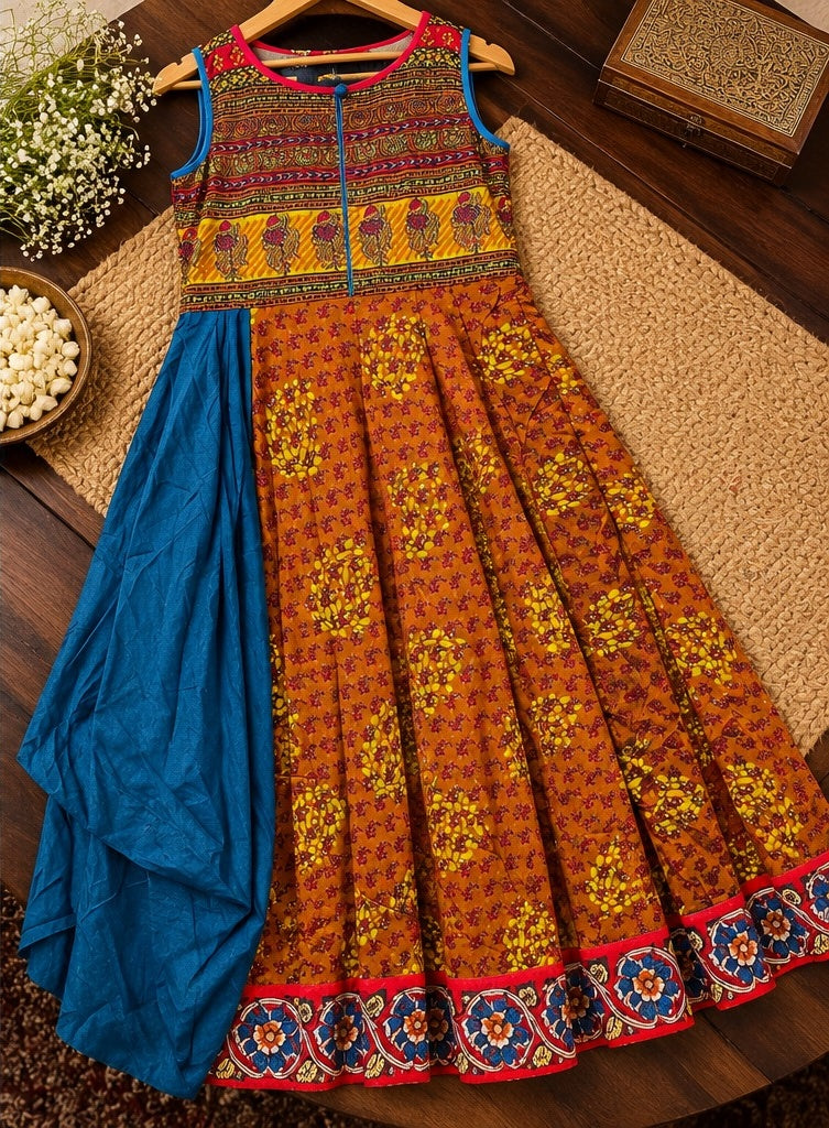 Women's Rust Brown & Blue Traditional Multi-Print Flared Anarkali Dress