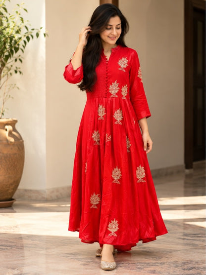Women's Scarlet Red Gold Foil Printed Anarkali Kurta Set