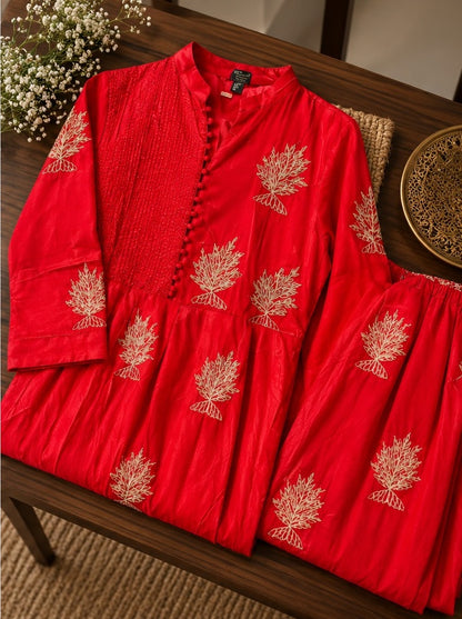 Women's Scarlet Red Gold Foil Printed Anarkali Kurta Set