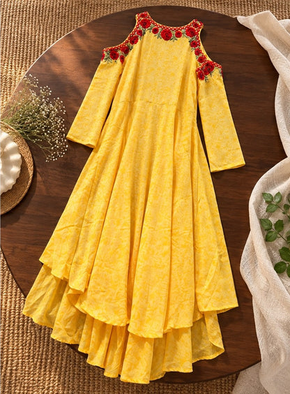 Women's Canary Yellow Cold-Shoulder Tiered Anarkali Gown with Pompoms