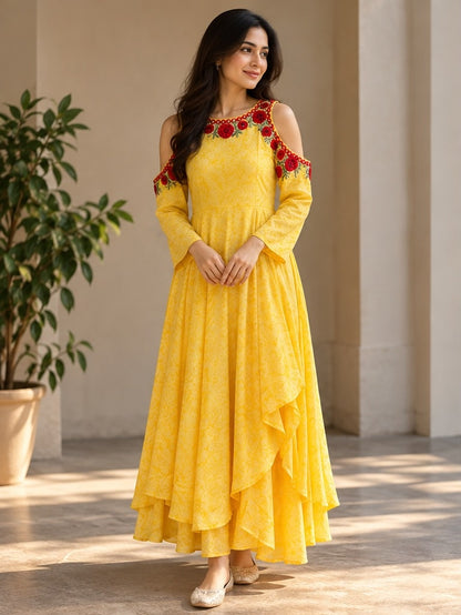 Women's Canary Yellow Cold-Shoulder Tiered Anarkali Gown with Pompoms
