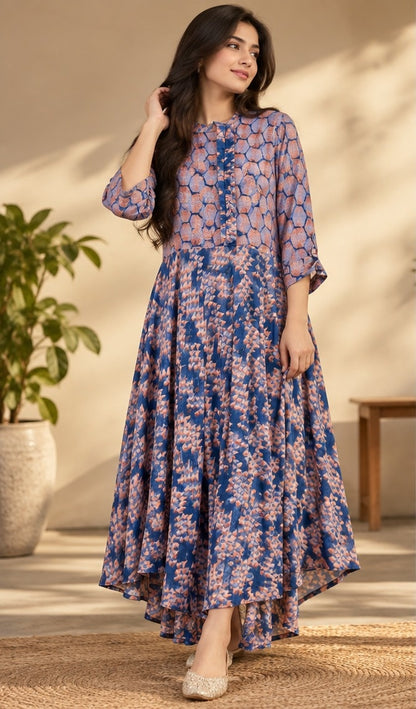 Women's Lavender Blue Floral Printed Tiered Anarkali Maxi Gown