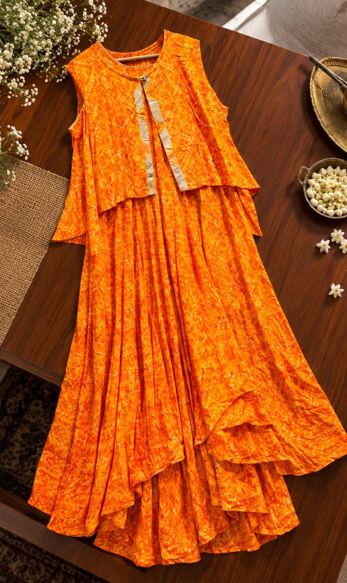 Women's Tangerine Orange Crinkle Tiered Layered Anarkali Gown