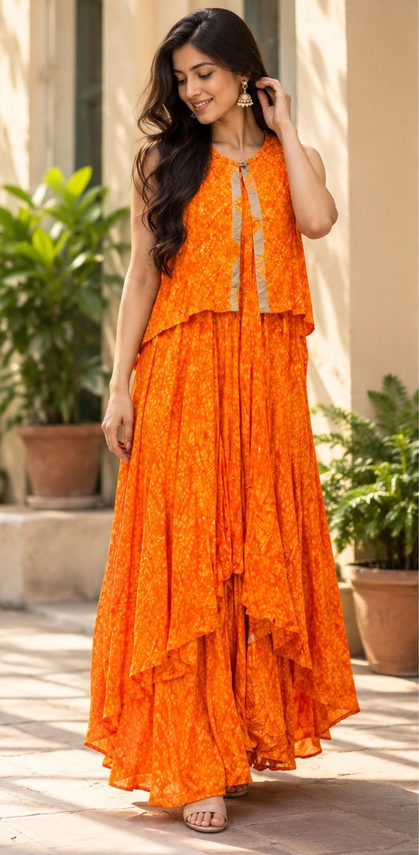Women's Tangerine Orange Crinkle Tiered Layered Anarkali Gown