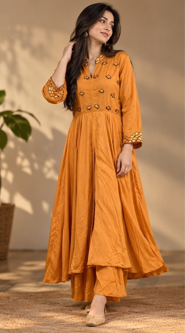 Women's Marigold Mustard Embroidered Anarkali Gown with Palazzo Set