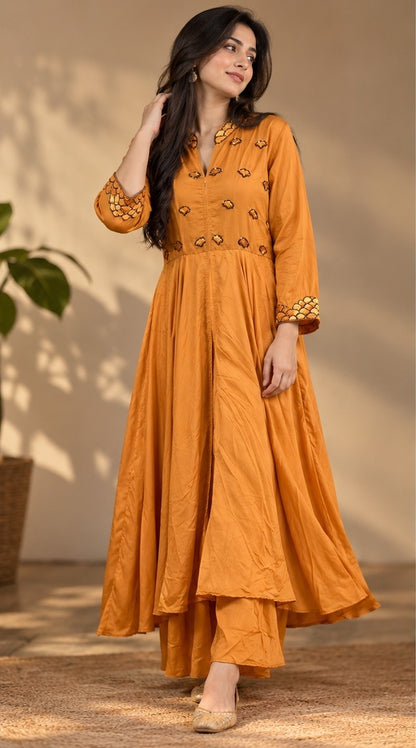Women's Marigold Mustard Embroidered Anarkali Gown with Palazzo Set