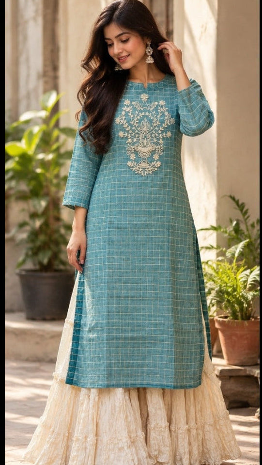 Women's Dusty Teal Embroidered Straight Kurti with Tiered Crinkled Skirt