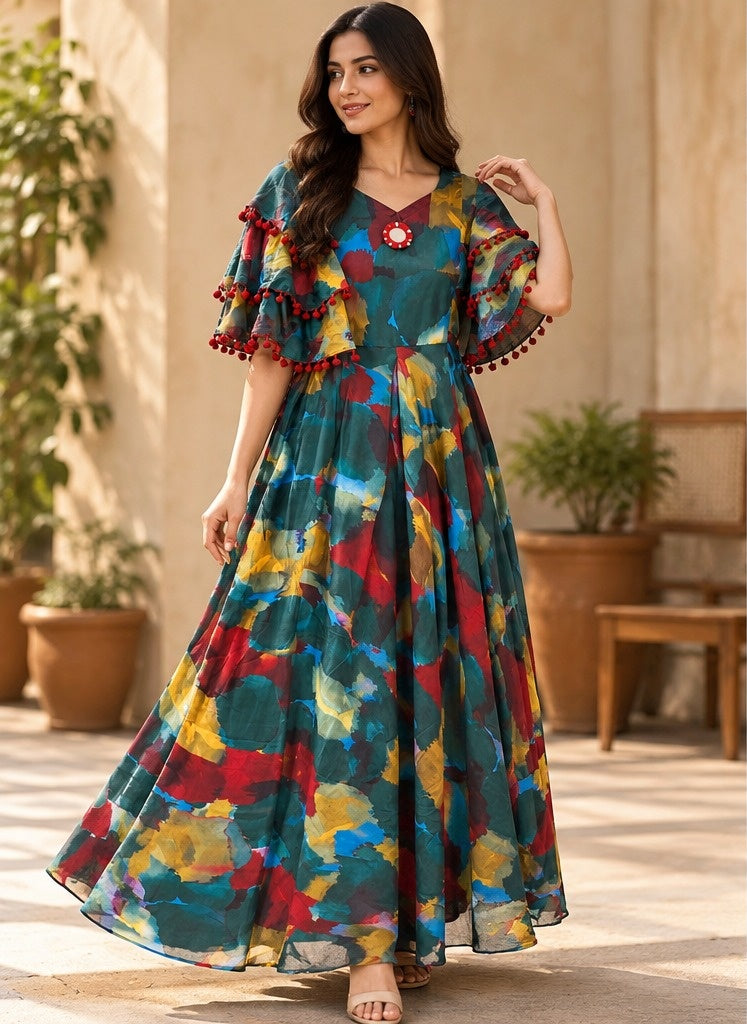 Women's Multicolor Abstract Print Flared Gown with Ruffle Cold-Shoulder Sleeves