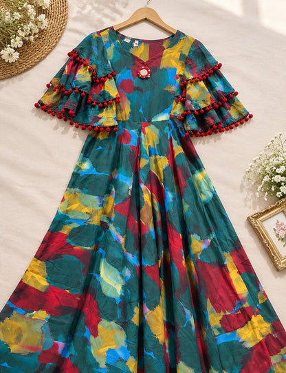 Women's Multicolor Abstract Print Flared Gown with Ruffle Cold-Shoulder Sleeves