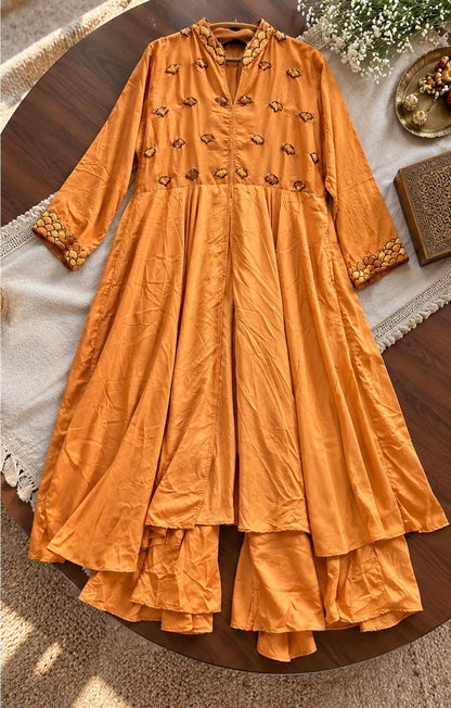 Women's Marigold Mustard Embroidered Anarkali Gown with Palazzo Set