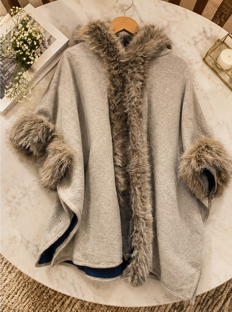 Women's Beige Hooded Knit Cape with Faux Fur Trim