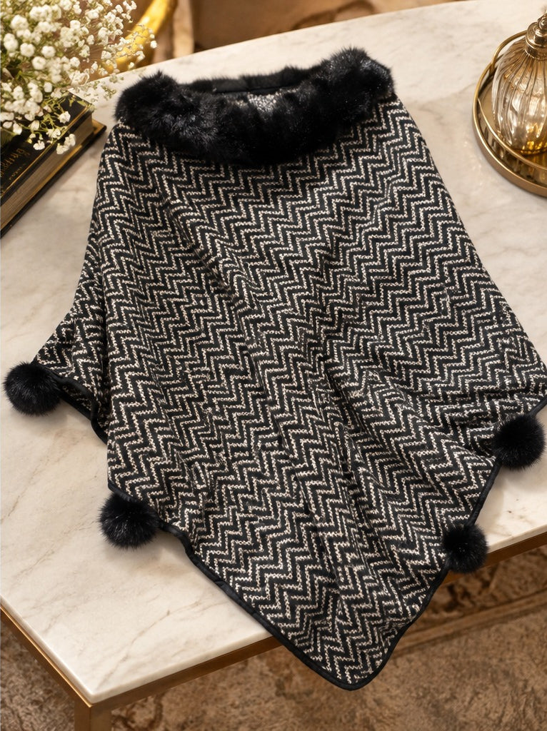 Women's Black Chevron Knit Poncho with Faux Fur Collar & Pompoms