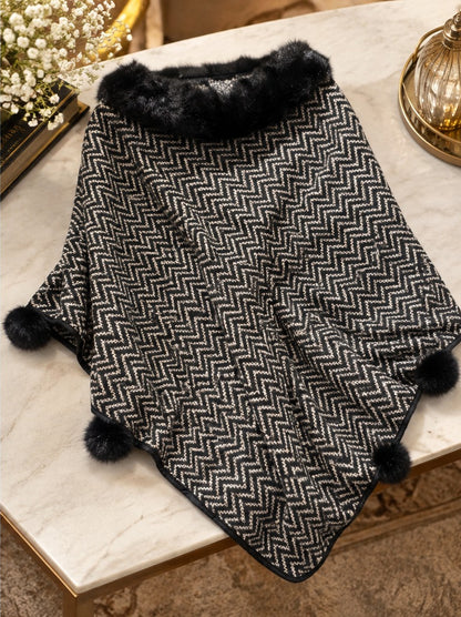 Women's Black Chevron Knit Poncho with Faux Fur Collar & Pompoms