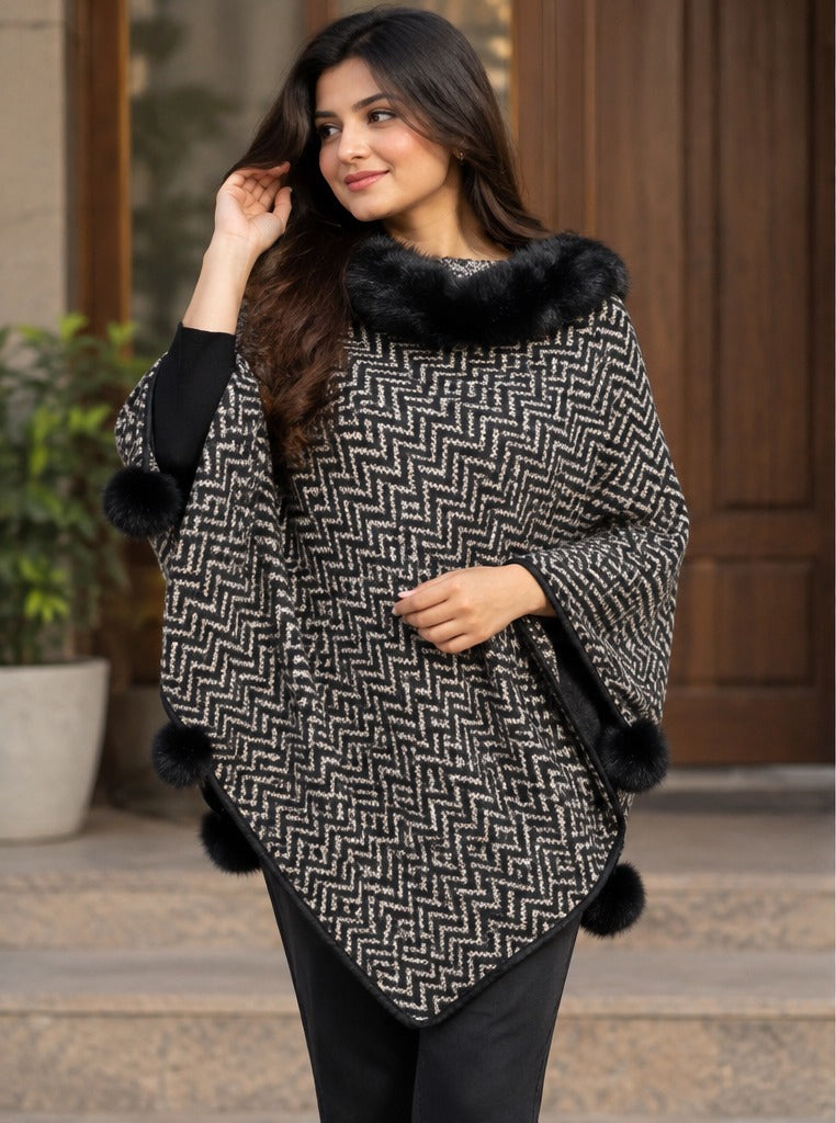 Women's Black Chevron Knit Poncho with Faux Fur Collar & Pompoms