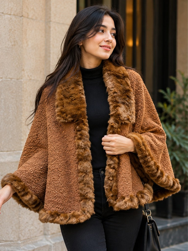 Women's Rust Brown Textured Knit Cape with Faux Fur Border & Cuffs