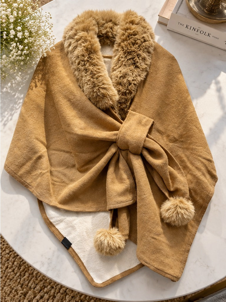 Women's Camel Tan Front-Tie Poncho with Faux Fur Trim & Pompom Accents